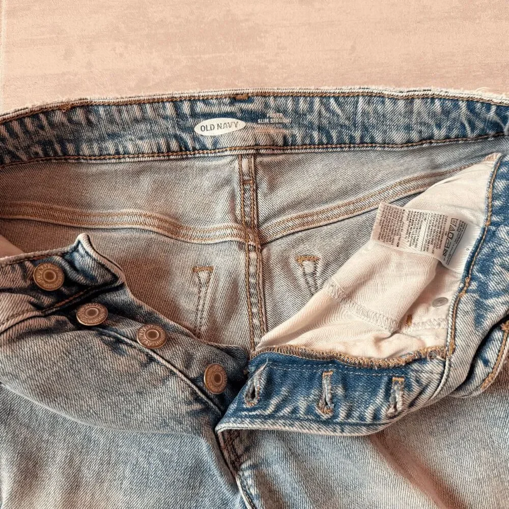 Old Navy Power Slim Straight High Rise Jeans Distressed Light Button Fly Ripped